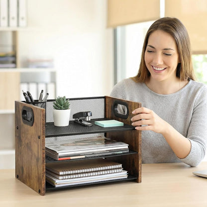 Wood Desk Organizer - 3-Tier Desktop File Organizer with Drawer, Wooden Paper Tray, Office Desk Organzier and Accessories for Papers, Mail, Notebooks, Stationery