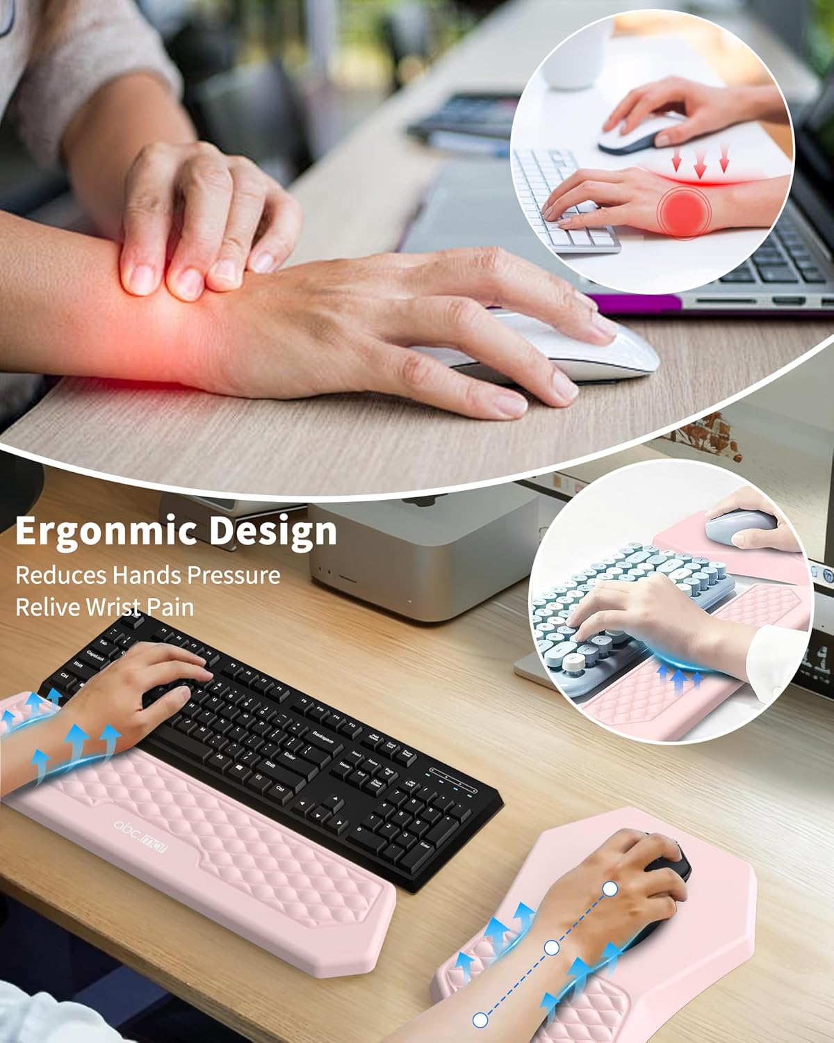 Ergonomic Mouse Pad and Keyboard Wrist Rest Support Set, Massage Design Mousepad for Carpal Tunnel Pain Relief, Memory Foam, Non-Slip PU Base for Computer Desk, Baby Blue