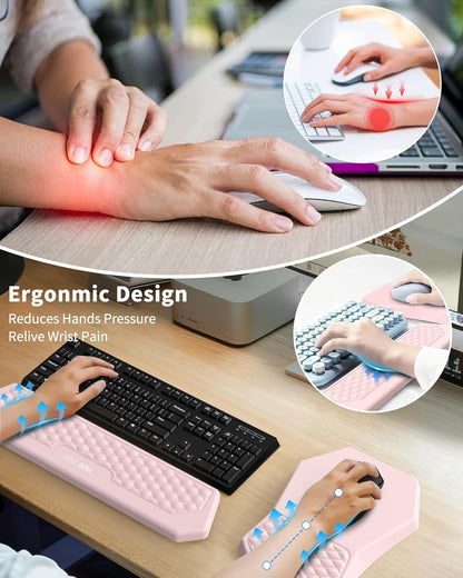 Ergonomic Mouse Pad and Keyboard Wrist Rest Support Set, Massage Design Mousepad for Carpal Tunnel Pain Relief, Memory Foam, Non-Slip PU Base for Computer Desk, Baby Blue