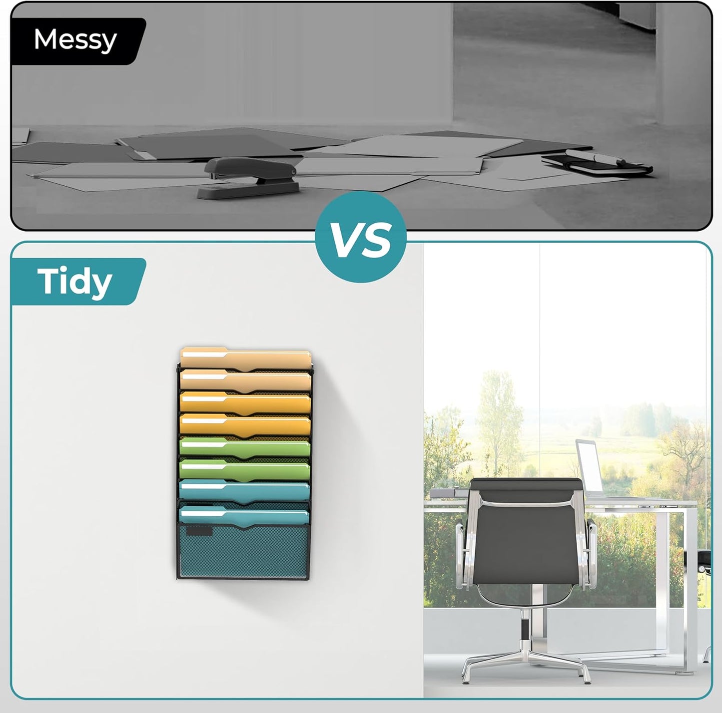 SUPEASY 5 Tier Wall File Organizer, Hanging Wall Mounted Mail Organizer with Label Slots, Metal Mesh File Holder Magazine Rack for Office, Home, School or Classroom, Black