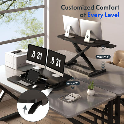 FLEXISPOT Standing Desk Converter 28" Desk Riser for Small Spaces, Compact Desktop Riser Sit Stand Computer Workstation, Stand Up Desk Converter for Laptop & Single Monitor, Black