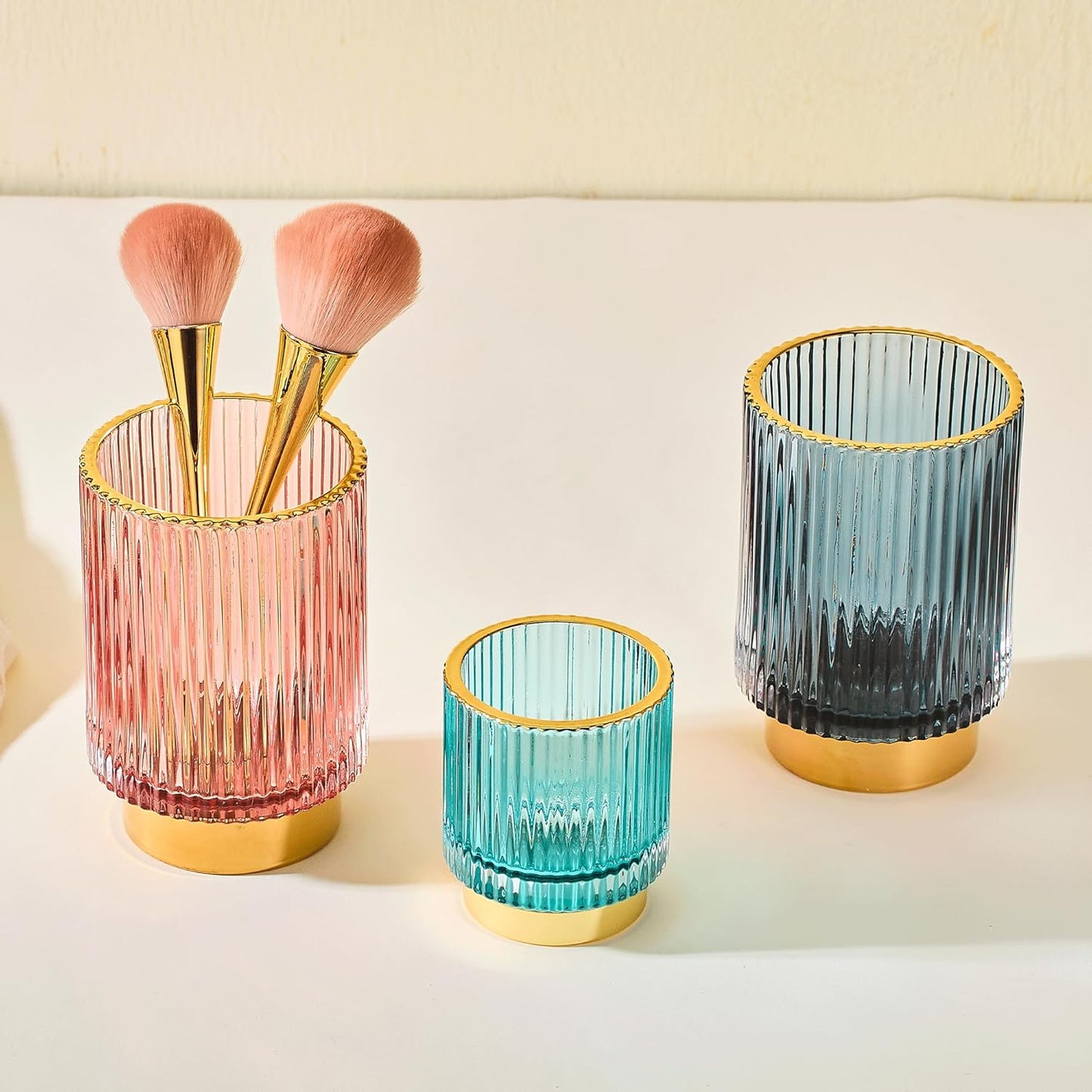 Makeup Brush Holder Organizer,Toothbrush Holders,Desk Pen Pencil Holder,Multifunctional Vintage Glass Brush Cup（L/Green/A3-6-US）