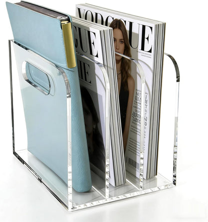 Acrylic Magazine File Holder, 3 Vertical Compartments Desk Document Sorter Organizer, Clear Folder Rack Binder for Office/Documents/Classroom, for Home, Tablet, Magazines, Books & Accessories