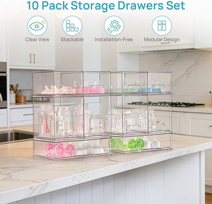 Vtopmart Stackable Storage Drawers Set of 4, Clear Plastic Organizer Bins for Bathroom Supplies,Ideal for Cabinet,Pantry,Laundry Room Organization