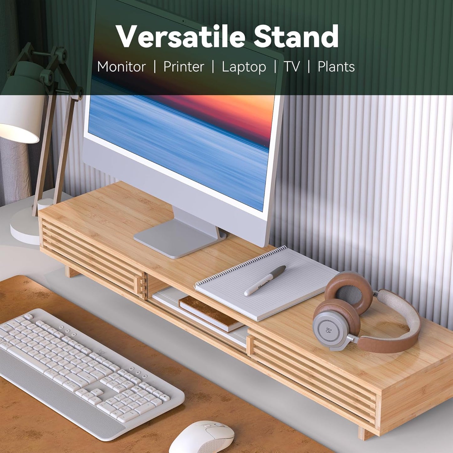 Monitor Stand Riser with Sliding Door, Computer Laptop Stand Desk Shelf Organizer with Storage (Natural Bamboo, 25 Inch)