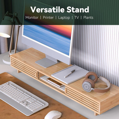 Monitor Stand Riser with Sliding Door, Computer Laptop Stand Desk Shelf Organizer with Storage (Natural Bamboo, 25 Inch)