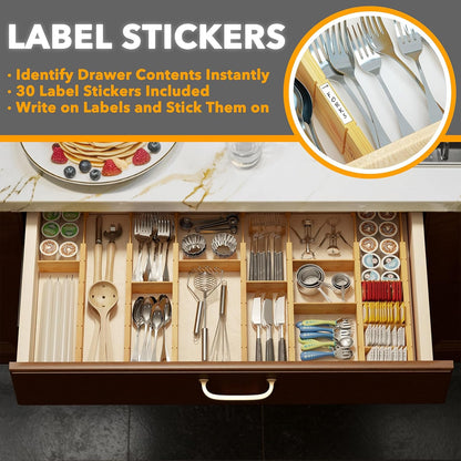 SpaceAid Bamboo Drawer Dividers with Inserts and Labels, Kitchen Adjustable Drawer Organizers, Expandable Organization for Home, Office, Dressers, 4 Dividers with 9 Inserts (17"-22" Natural)
