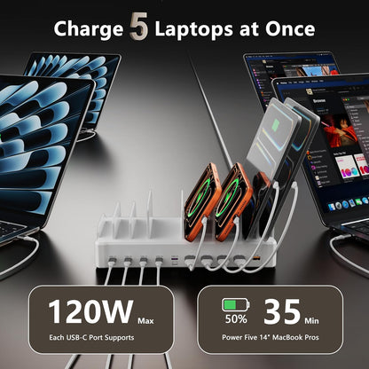 750W Charging Station for Multiple Devices, Zobirez 10-Port Fast Charger, 5 USB-C 120W Each and 5 USB-A 30W Each, Desktop Charging Hub for Laptop Phone Tablet, Black