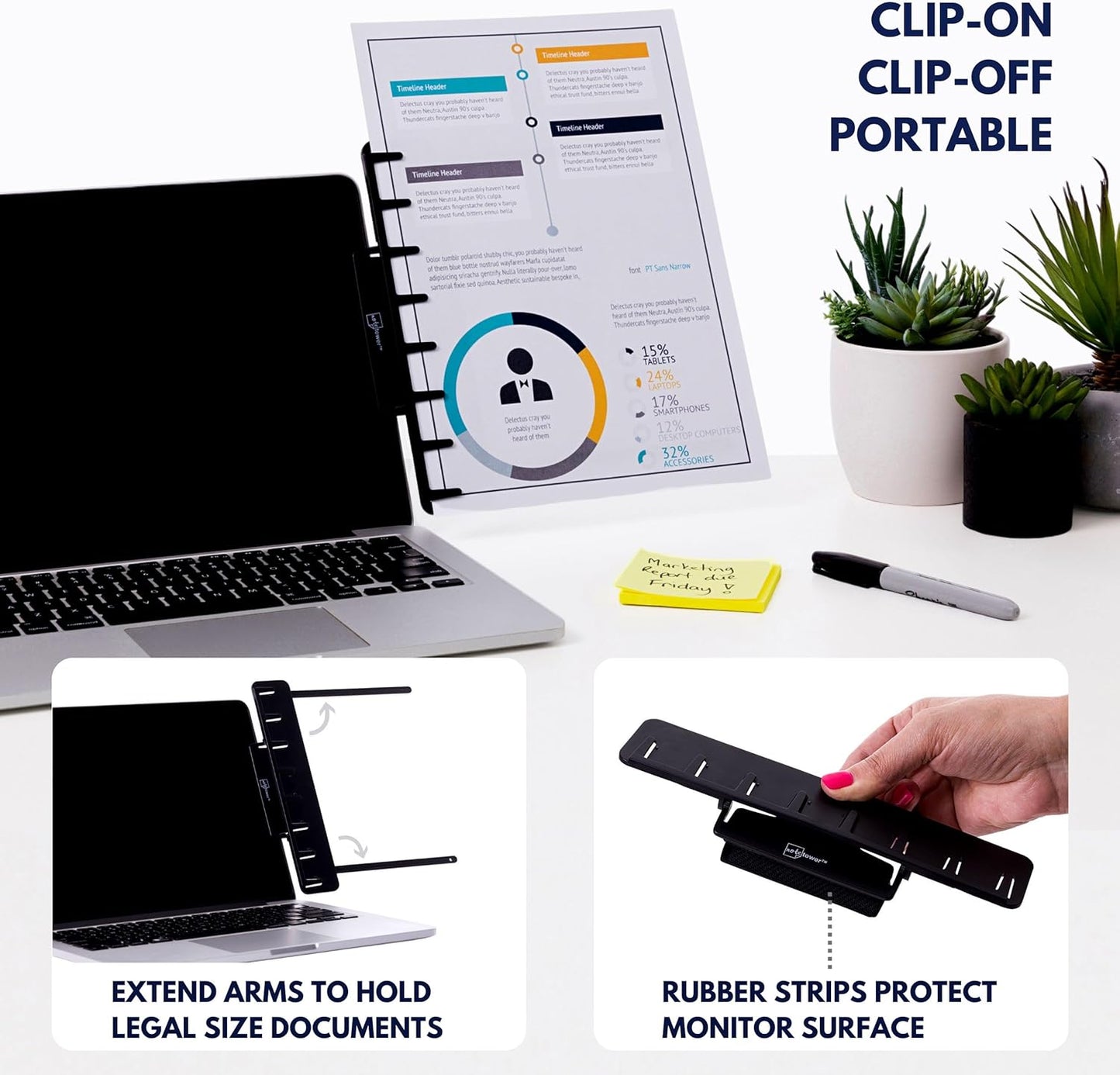 Note Tower Monitor Document Paper Holder for Typing | Clips to Laptops & Desktop Monitors I Reduces Eye & Neck Strain | Portable Copy Holder for Desk | Sticky Note Stand & Monitor Memo Board | Black