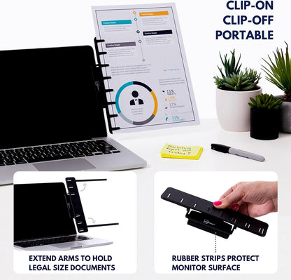 Note Tower Monitor Document Paper Holder for Typing | Clips to Laptops & Desktop Monitors I Reduces Eye & Neck Strain | Portable Copy Holder for Desk | Sticky Note Stand & Monitor Memo Board | Black