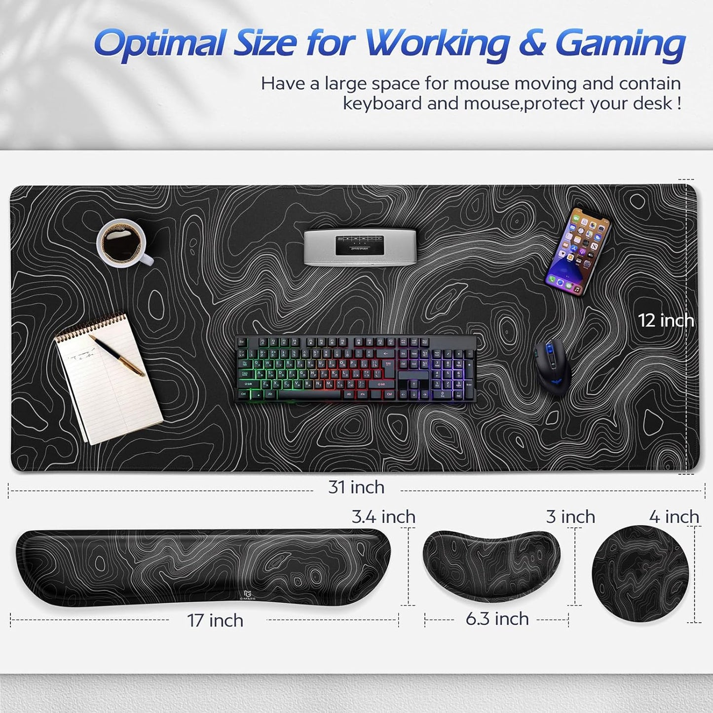 Gimars Upgrade Enlarge Silky and Superfine Fabric Gel Memory Foam Keyboard Wrist Rest Set, Ergonomic Keyboard Mouse Wrist Support for Typing Pain Relief, Comfort for Office, Gaming, Computer