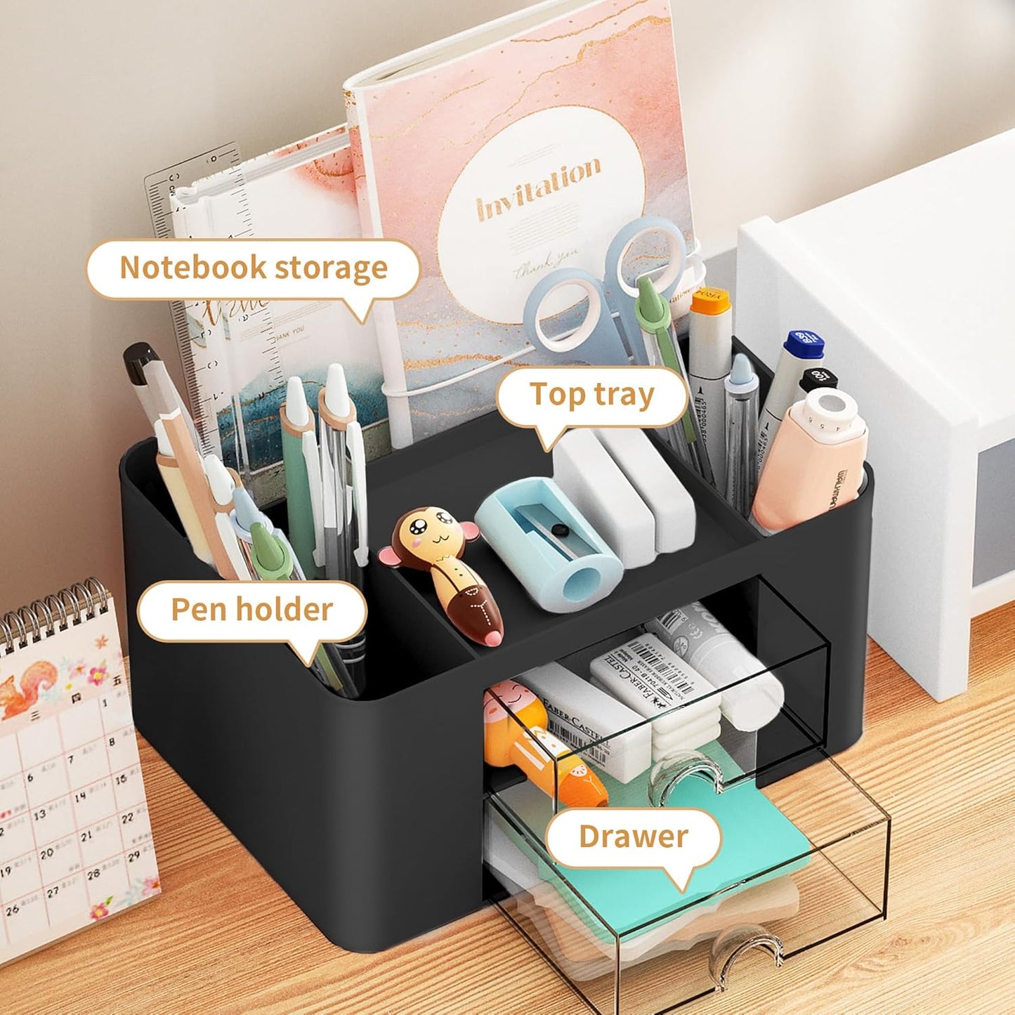 Marbrasse Pen Organizer with 2 Drawer, Multi-Functional Pencil Holder for Desk, Desk Organizers and Accessories with 5 Compartments + Drawer for Office Art Supplies (White)