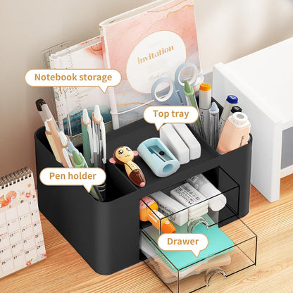 Marbrasse Pen Organizer with 2 Drawer, Multi-Functional Pencil Holder for Desk, Desk Organizers and Accessories with 5 Compartments + Drawer for Office Art Supplies (White)