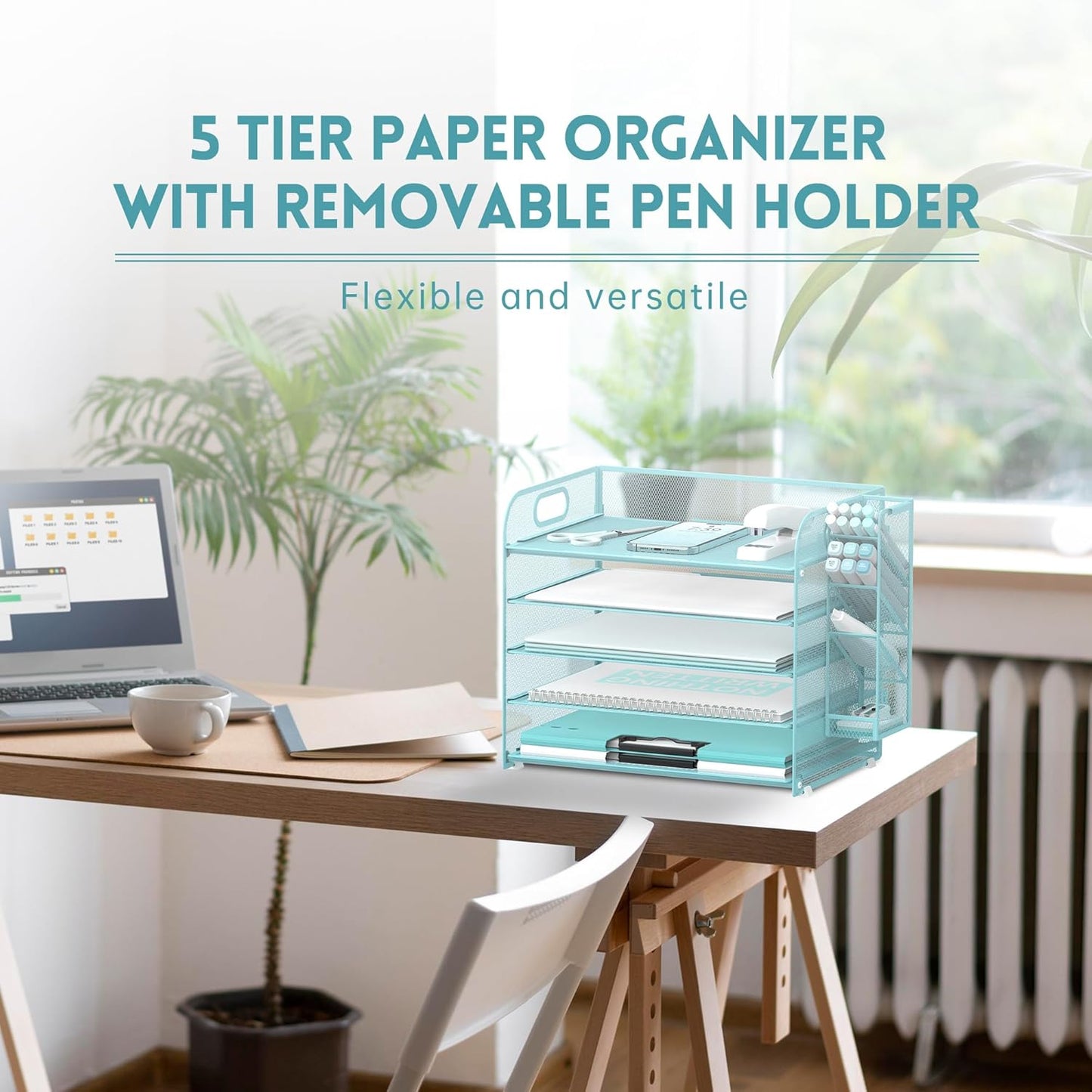 SUPEASY 5 Tier Desk Organizer with Handle & Removable Pen Holders, Mesh Paper/File Organizer for Desk, Paper Letter Tray Organizer for Office Supplies (Black)