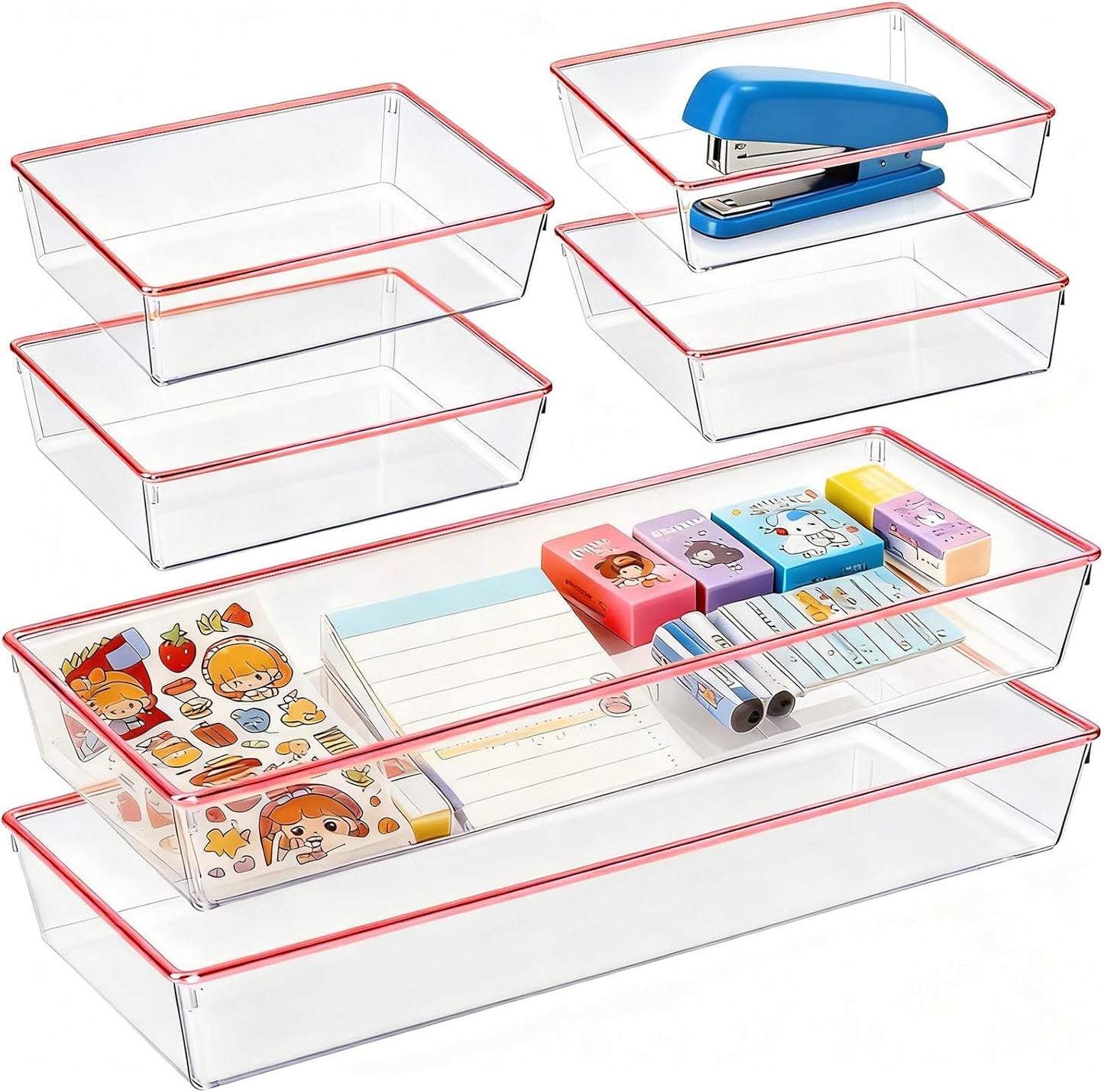 4 Pack Large Size Clear Stackable Drawer Organizer Trays, Gold Rim Makeup Drawer Storage Tray Divider, Desk Storage for Makeup, Jewelry, Bathroom, Stationary, Kitchen Utensils and Office Desk