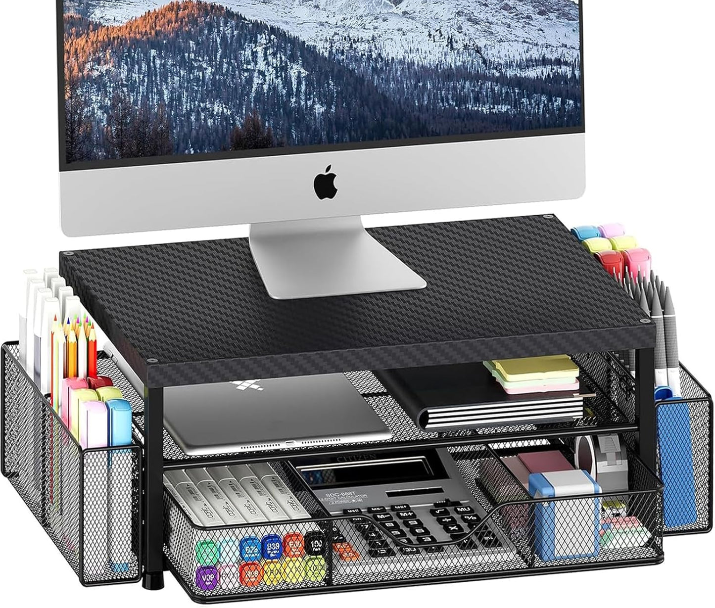 OPNICE Desk Organizers and Accessories, Computer Monitor Stand Riser with Drawer and 2 Pen Holders, Printer & Laptop Stand, Office Desk Accessories & Workspace Organizers for Home Office Supplies, Black