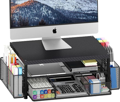OPNICE Desk Organizers and Accessories, Computer Monitor Stand Riser with Drawer and 2 Pen Holders, Printer & Laptop Stand, Office Desk Accessories & Workspace Organizers for Home Office Supplies, Black