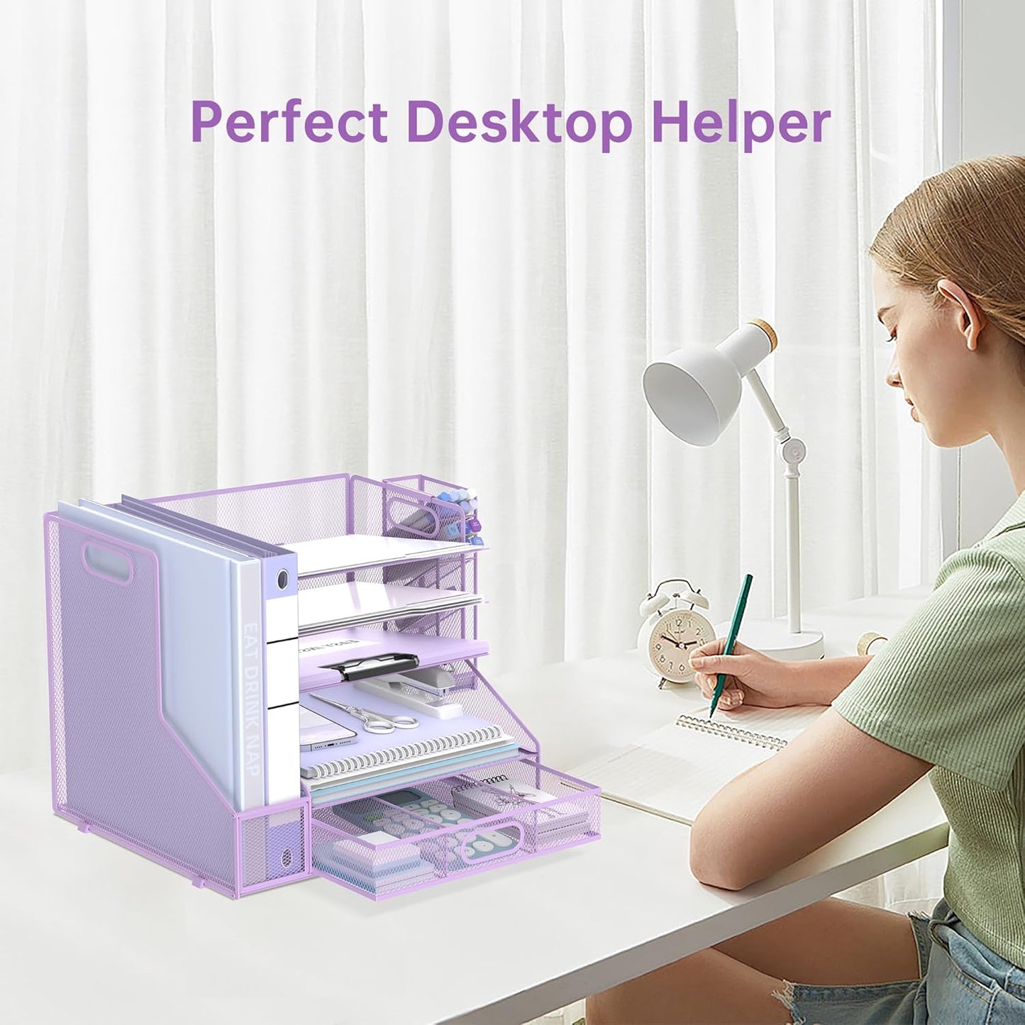 SUPEASY Desk Organizer with File Holder, 5-Tier Mesh Paper Letter Tray and 3 Tilted File Sorter for Office Supplies, Black