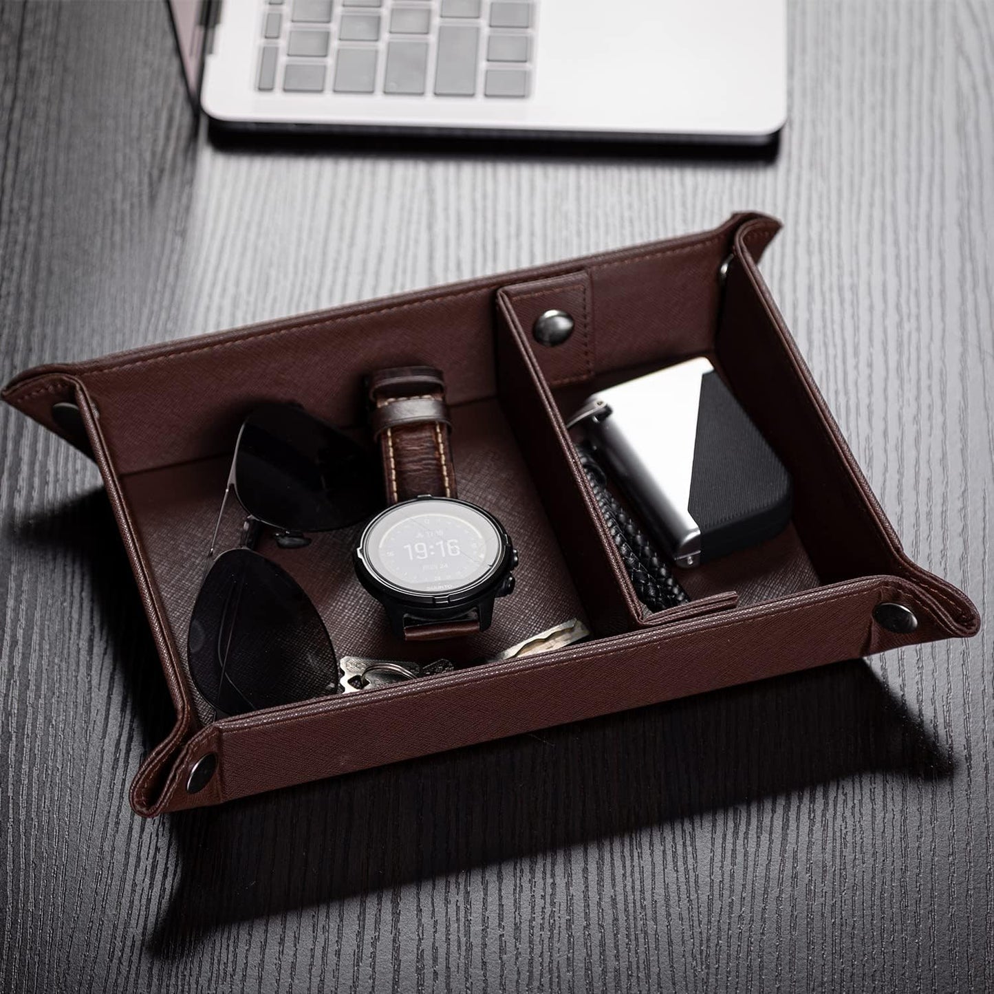BONNY DODO Valet Tray for Men PU Leather Tray Organizer with Partition, Storage Keys, Watch & Practical Storage for Table Nightstand Living Room Bedroom (Dark Brown-Square)