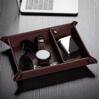 BONNY DODO Valet Tray for Men PU Leather Tray Organizer with Partition, Storage Keys, Watch & Practical Storage for Table Nightstand Living Room Bedroom (Dark Brown-Square)