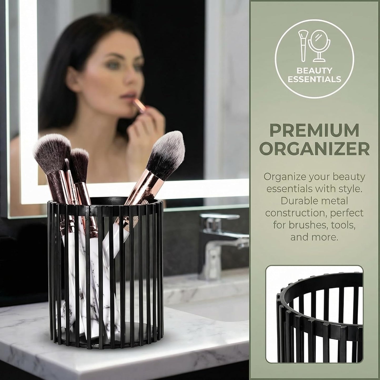 Black Pen Holder for Desk, Metal Pen Caddy Pencil Cup, Cute Makeup Brushes Cup, Desktop Makeup Brush Holder, Metal Desk Organizers and Accessories, Office Accessories Aesthetic