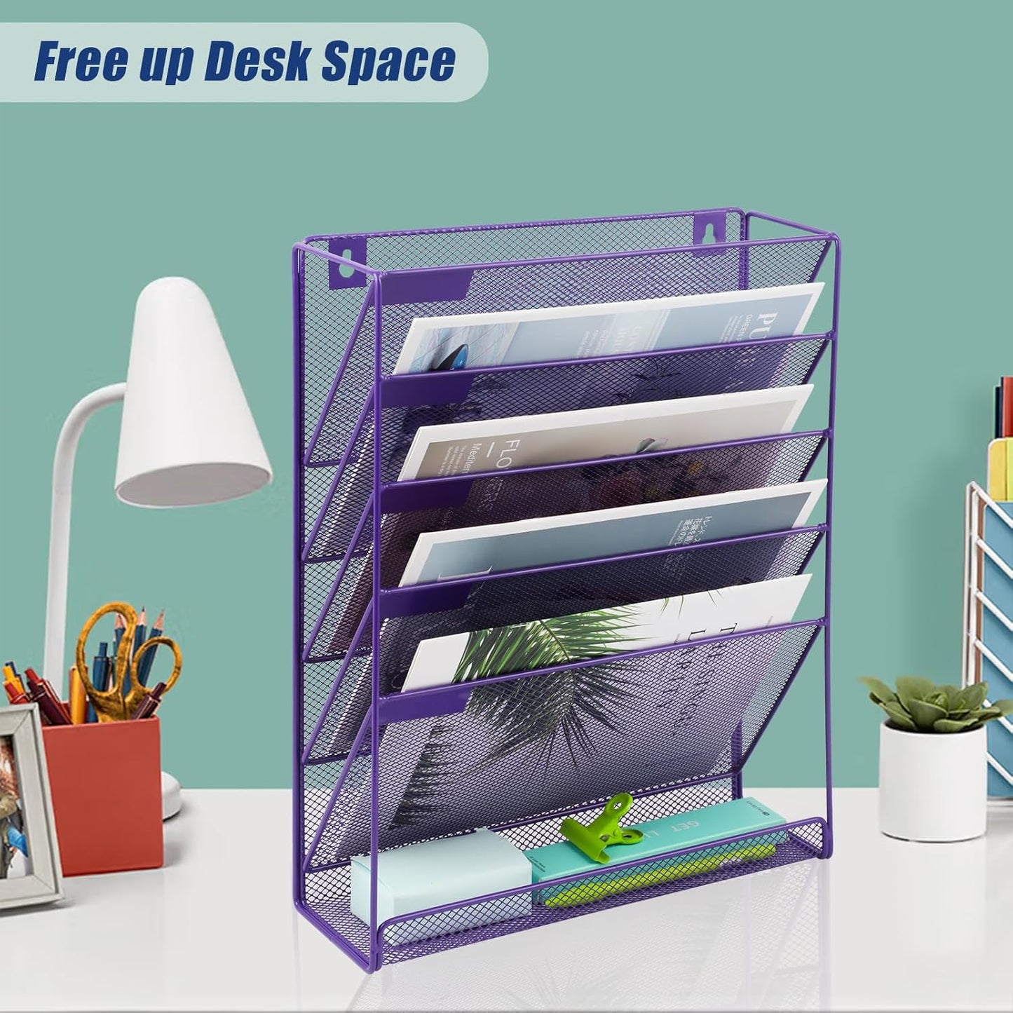 EASEPRES Desk File Organizer Mesh 6-Tier, Hanging Wall Mount Document Organization Stand, Desktop Vertical Mail Paper Folder Holder Rack with Bottom Tray for Office Home Cubicle Countertop, Black