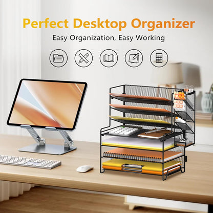 SUPEASY 7 Tier Desk Organizer, Desk File Organizer with Pen Holder, Paper Organizer for Desk, Desk Organizers and Accessories for Home Office School, Black
