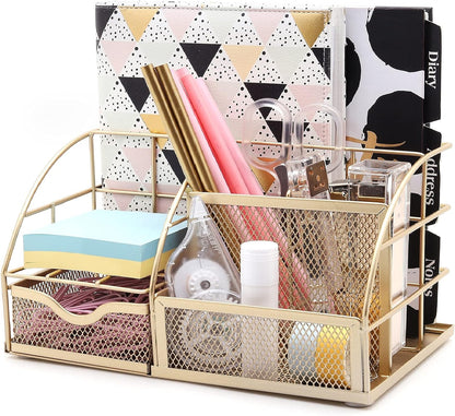 Exerz Desk Organizer Golden Office Desk Accessories Supplies Office Storage Desktop Pencil Pen Holder with Drawer Home Workspace