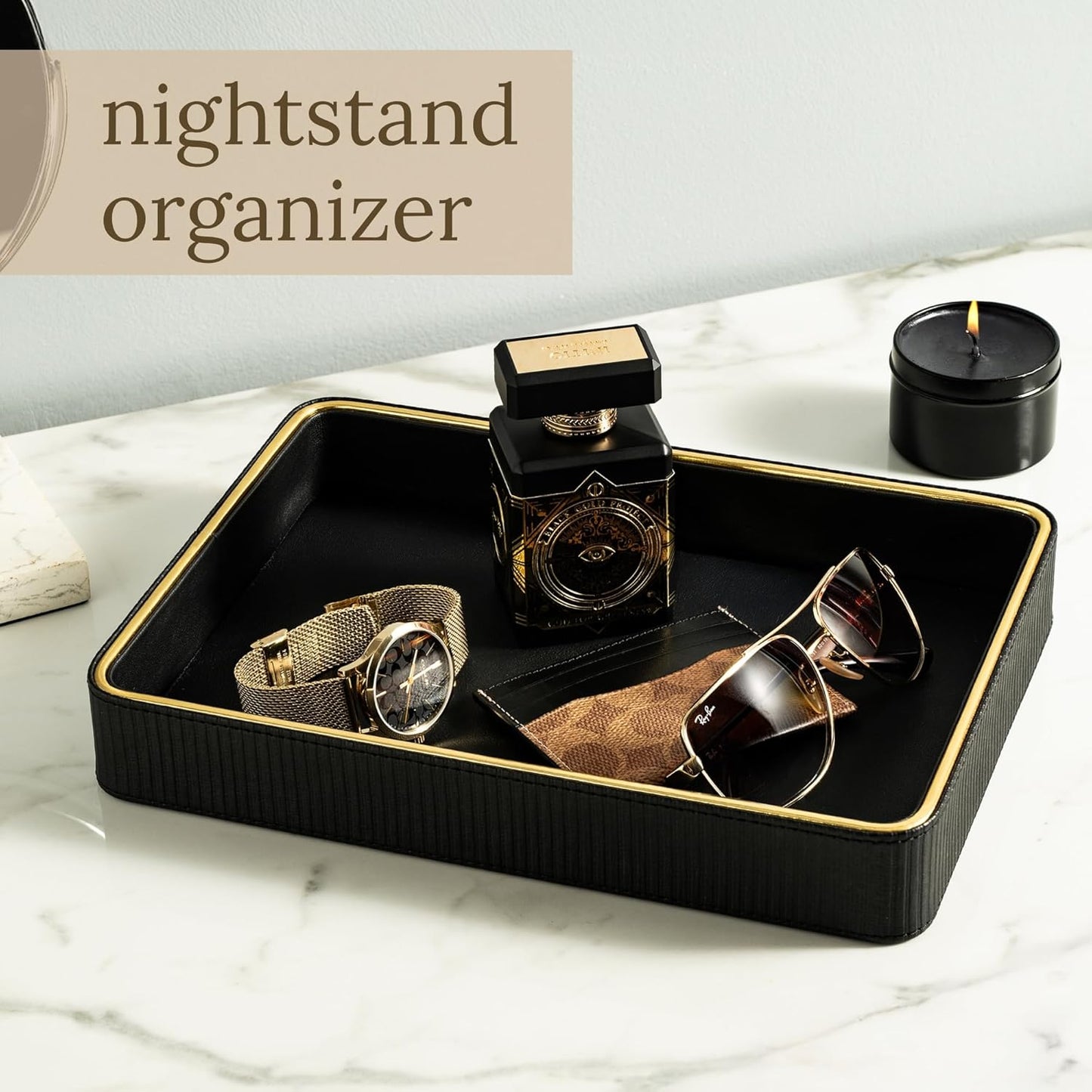 Leather Catchall Valet Tray for Men| Mens Valet Catch All Trays| Bedside Organizer for Nightstand| Cologne Tray for Men| Desk Trays Leather Tray Organizer (Black)