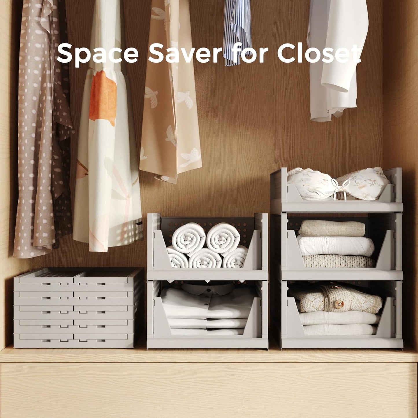 Pinkpum 5 Pack Stackable Plastic Storage Closet Organizers and Storage Bins Drawer Shelf Storage Container for Wardrobe Cupboard Kitchen Bathroom Office White