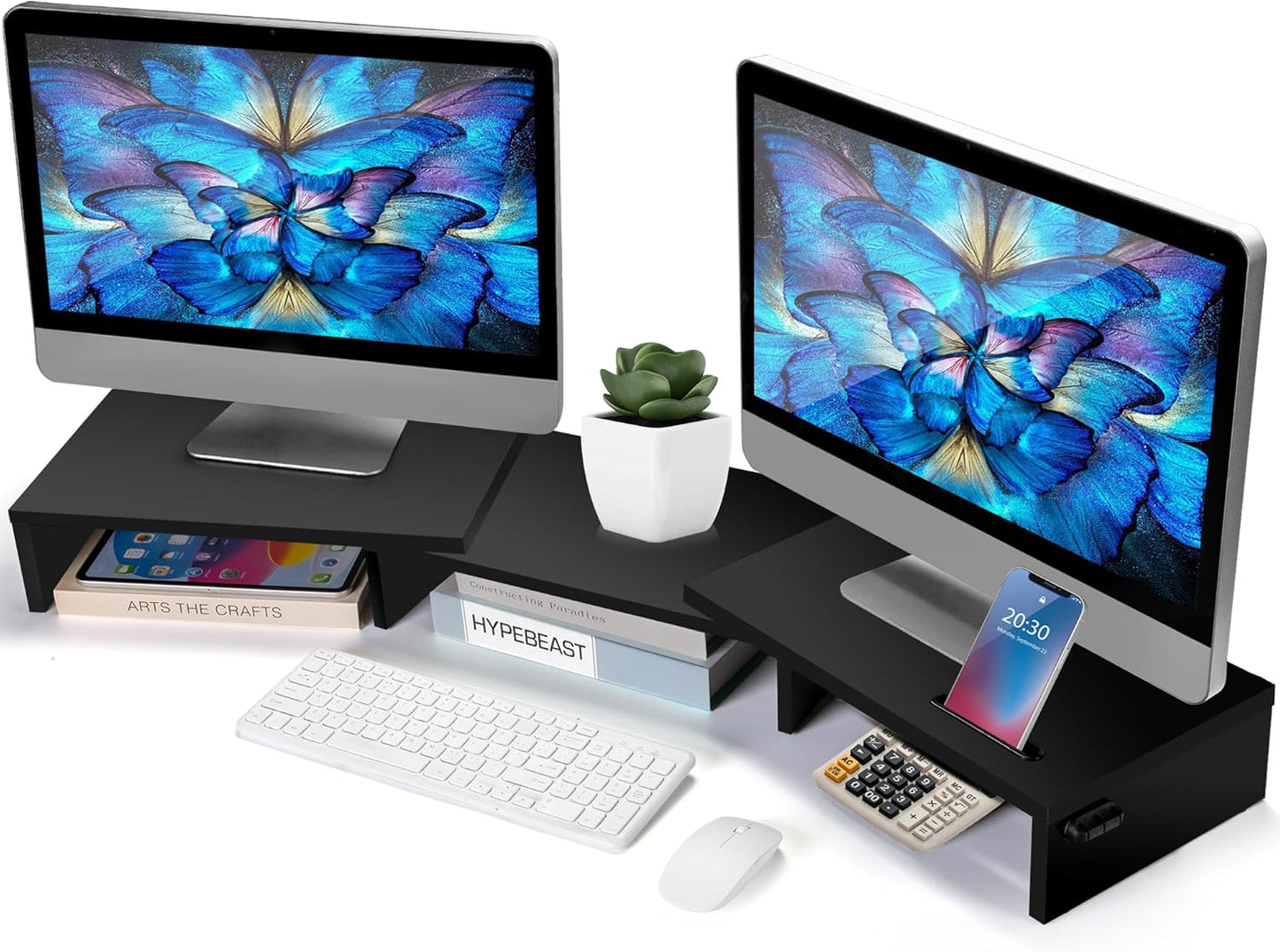 La Jaco Dual Monitor Stand Riser for 2 Monitors, Monitor Stand for Desk, Adjustable Length & Swivel Angle Wooden Desktop Organizer Stand Riser with Smartphone Holder for PC Monitor Laptop, White