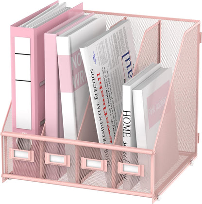 SUPEASY Magazine File Holder, Binder Holder Metal Desk Organizer with 4 Rack Compartments, File Organizer for Office Home School, Black