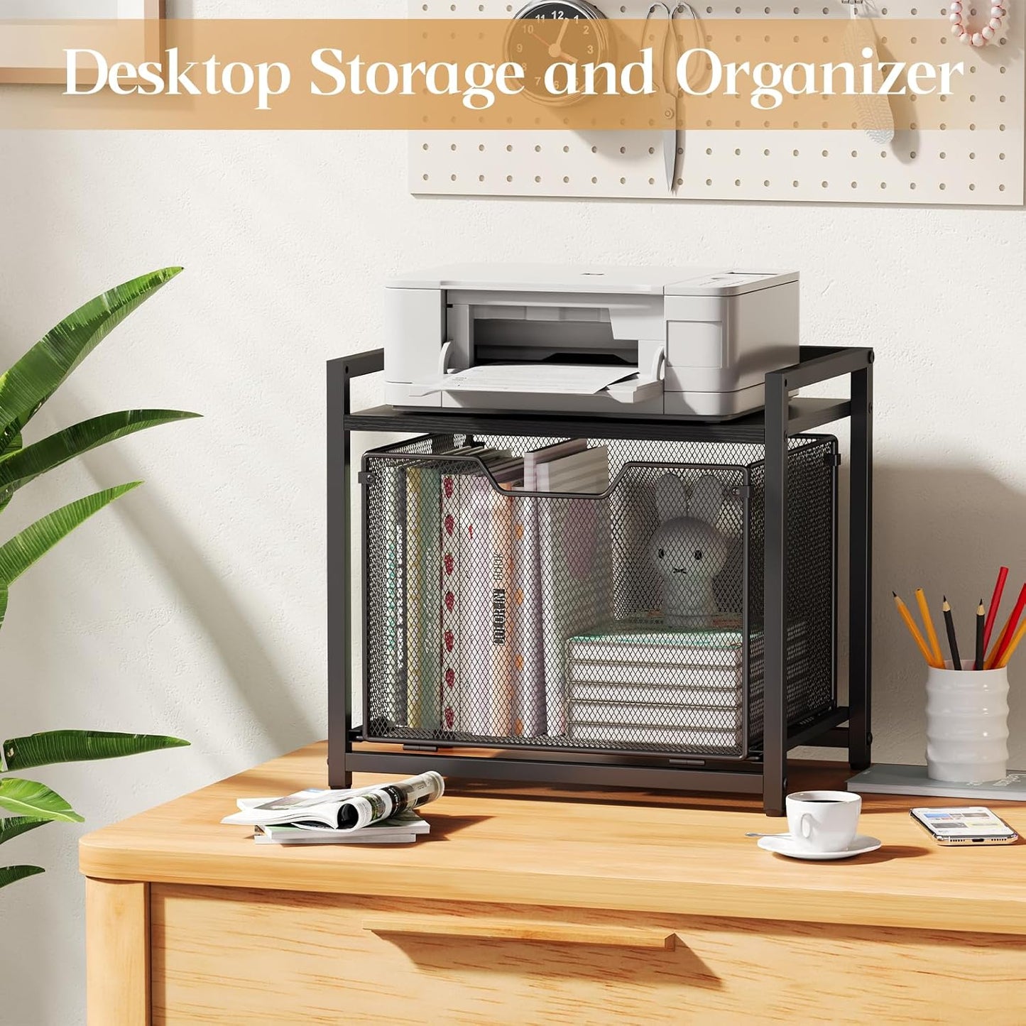 JKsmart Under Desk Storage, Printer Stand with Drawer, Rolling File Cabinet with Adjustable Table Top, 2 Tier Industrial Shelf on Fixed Feet Wheels, Sofa Side Table Organizer for Home, Office, Black