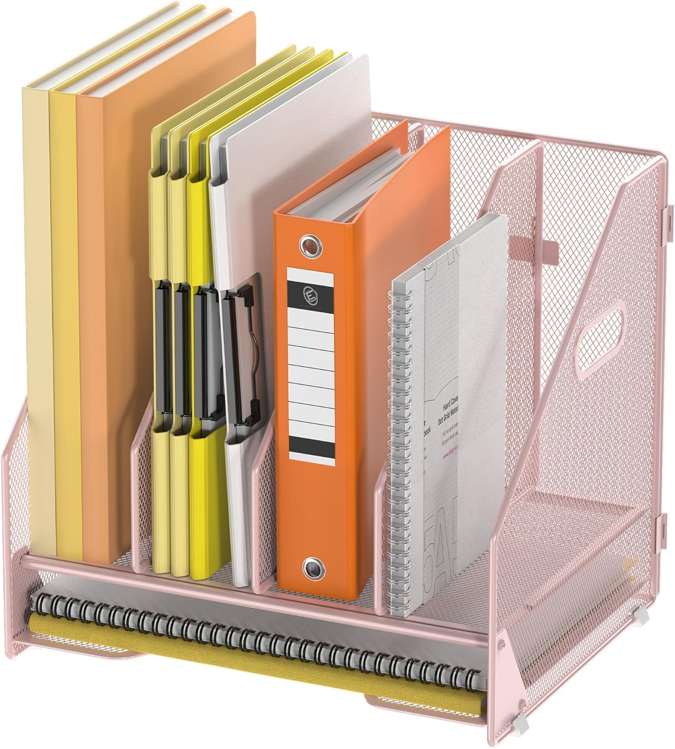 Docnest Desk File Holder Sorter, 4 Vertical Compartments Rack with Letter Tray, Mesh Magazine File Holder with Handle,Workspace Organizers,Desk Organizers for Paper, Mail, Documents-Black