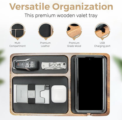 Premium Acacia Wood and Leather Valet Tray for Men; Night Stand Vanity Tray, Mens Valet Tray Organizer, Bedside Caddy, Desk Organizer; Key, Jewelry, Sunglasses Storage and Organizer; Catch All Tray