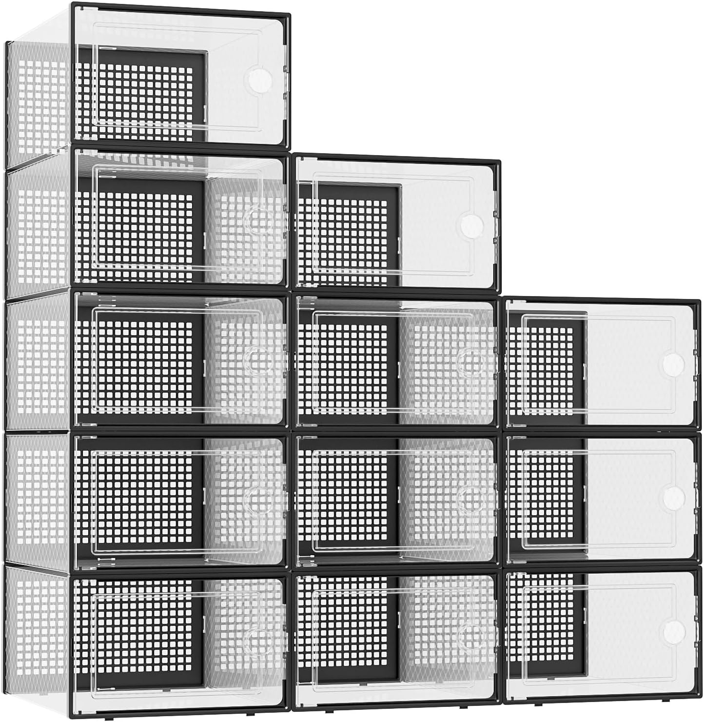 Kuject X-Large Shoe Storage Boxes Organizers Clear Plastic Stackable 12 Pack, Shoe Rack & Holder Substitute, Sneaker Containers, Toy Storage Organizer Bins for Entryway, Closet, Under Bed, Black