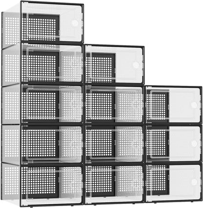 Kuject X-Large Shoe Storage Boxes Organizers Clear Plastic Stackable 12 Pack, Shoe Rack & Holder Substitute, Sneaker Containers, Toy Storage Organizer Bins for Entryway, Closet, Under Bed, Black