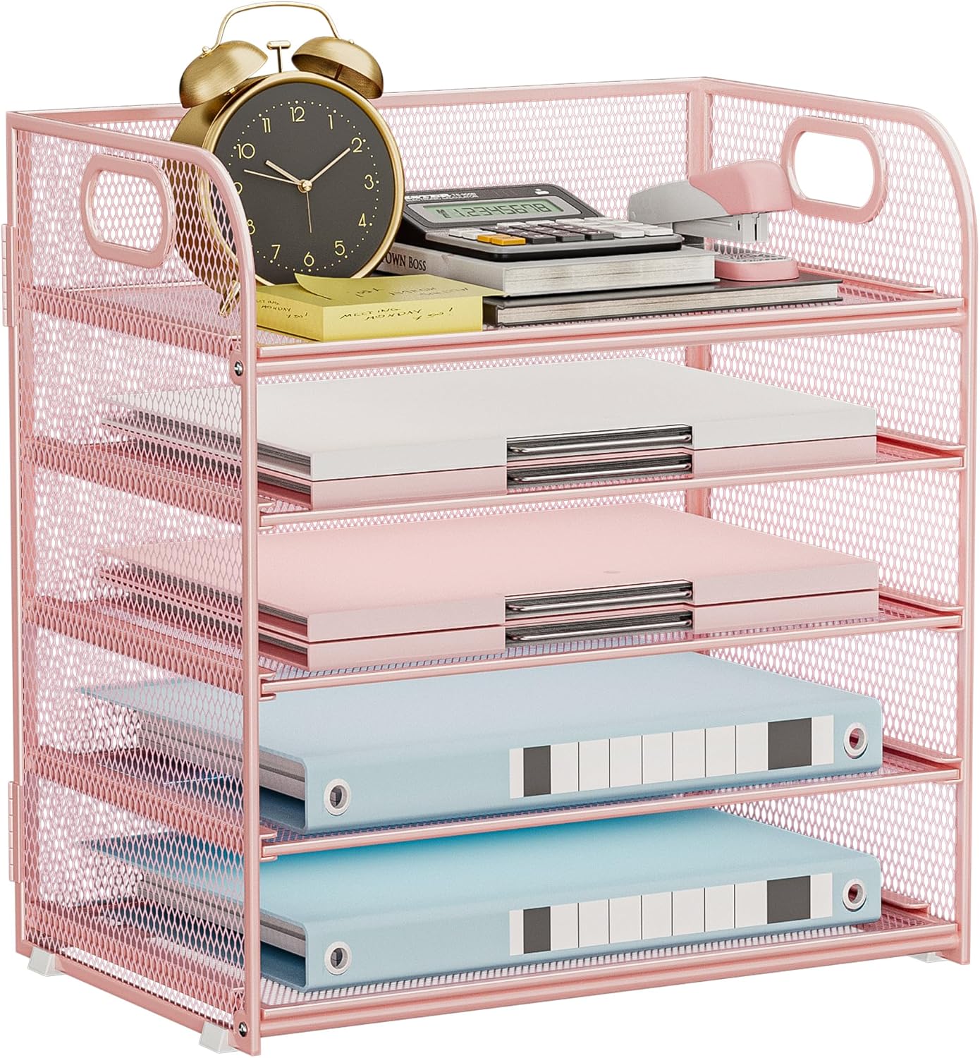 Paper Organizer Letter Tray with Handle, 5-Tier Black Stackable Desk Organizer with Metal Mesh, Sturdy Paper Tray for Office Desk, Home & Classroom Supplies Storage