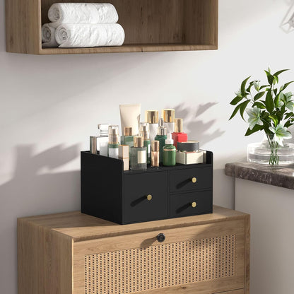 Bamboo Desk Organizer with Drawers Wooden Desktop Storage Organization Box for Bills Office Supplies Kitchen Utensils Organizing Tool for Home Classroom Vanity, No Assembly Required (3 Drawer, Black)