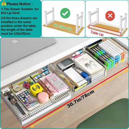 SVNNELP Under Desk Table Drawer Storage Organizer,3 Pack Large & Medium & Small Slide Out Desk Drawers - Hidden Desktop Organizer,Adhesive Storage Pencil Tray Under Table(BLACK/LMS)