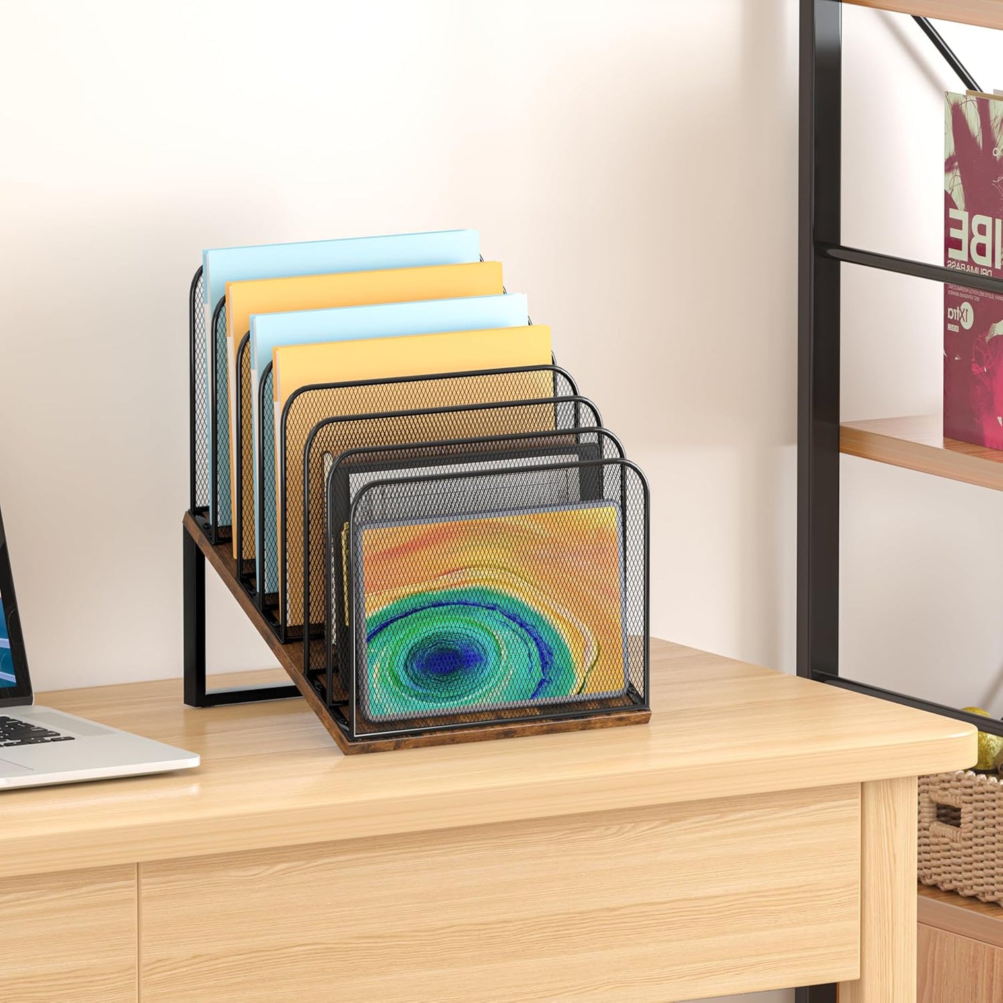 Piskyet Wooden Desk File Organizer, 5-Section Vertical File Folder Holder Stand,Metal Mail Paper Chromebook Organizer for Teacher Desk Office Classroom Desktop Organization（Inclined）