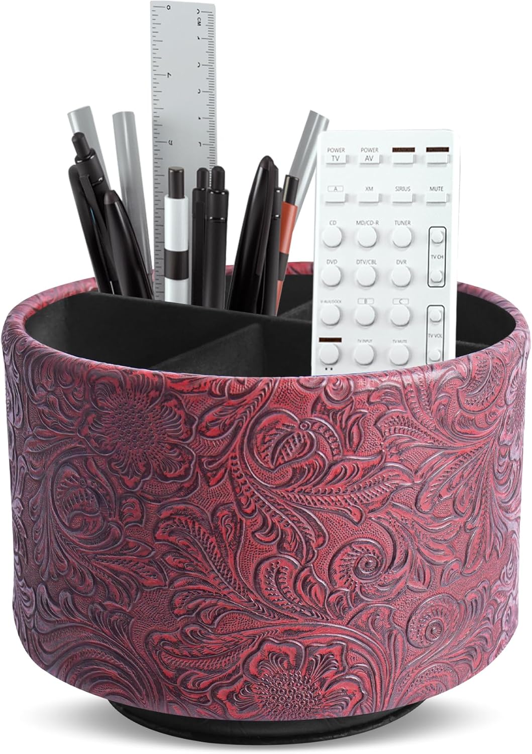 lizimandu Round Leather Art Supply Organizer,Remote Control Holder,360 Degree Spinning,Multi-Functional Pencil Holder,4 Compartments Desktop Stationary Organizer(1-Gold) - Colors A