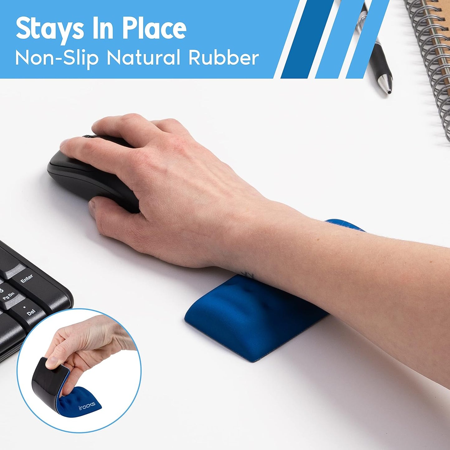 i-Rocks Memory Foam Keyboard Wrist Rest - Pain-Reducing Wrist Rest for Computer Keyboard - Non-Slip Rubber Base Wrist Rest - Cooling Keyboard Pad for Long Hours of Work, Studying, Gaming