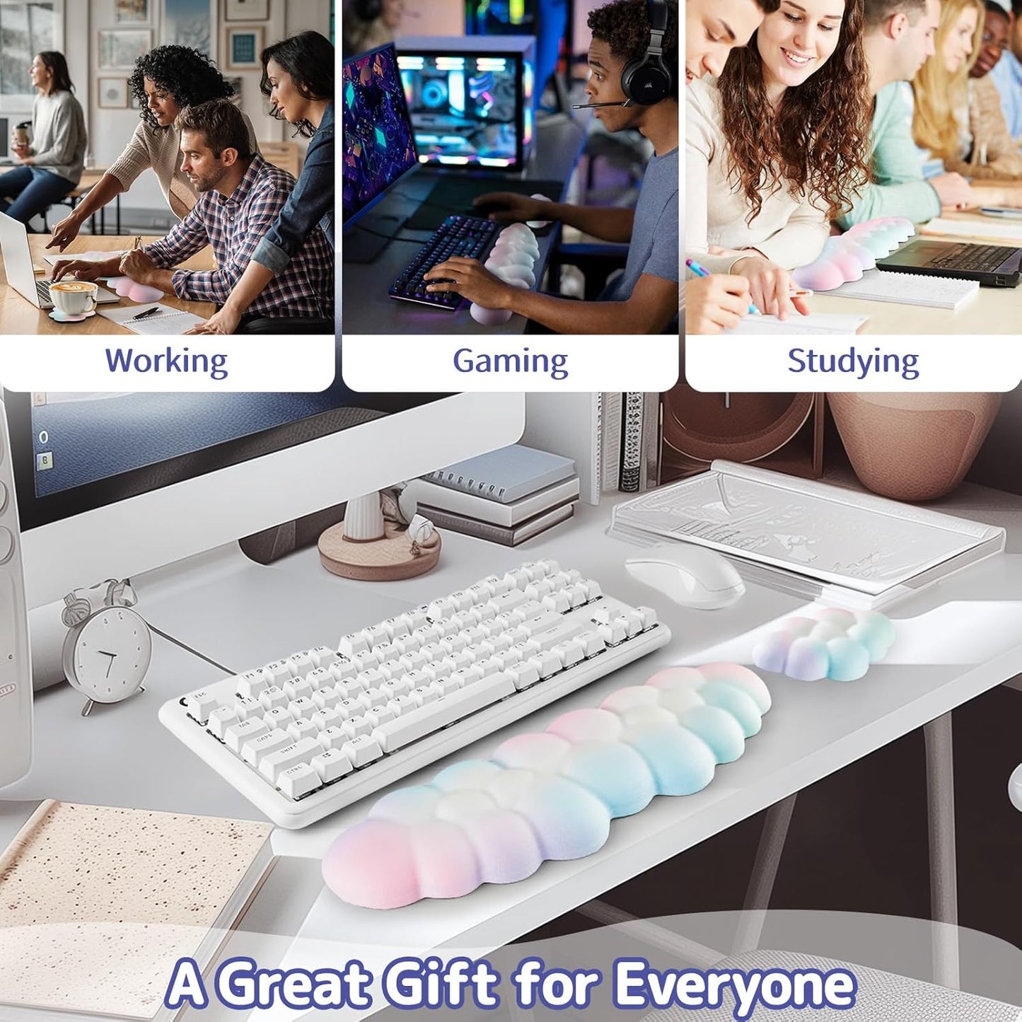 Sushret Cloud Wrist Rest Keyboard, Cloud Keyboard Wrist Pad Set with PU Leather Memory Foam, Cute Arm Rest for Palm Support, PC/Gaming Desk Accessories/Office Setup/Computer Hand Cushion - White