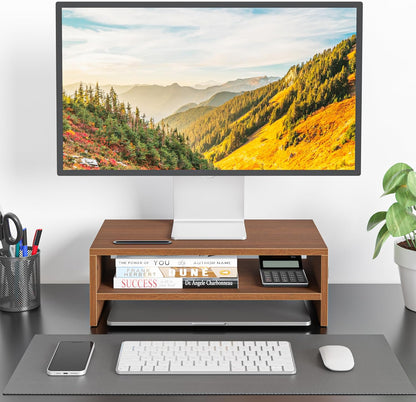 BONTEC Wooden Monitor Stand Riser, 2-Tier Desk Shelf with Storage Organizer, Ergonomic Computer Stand with Cable Management, Cellphone Holder, White, 16.5 Inch