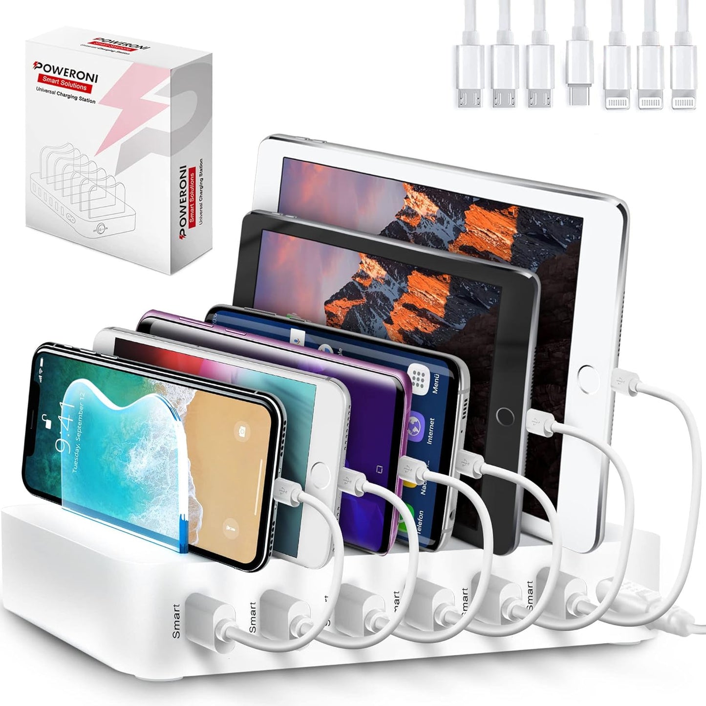 USB Charging Station - 6 Port Universal Charging Station for Multiple Devices - Multi Device Charger Dock - Compatible with Apple, iPad, iPhone, Android Cell Phones, and Tablets - Black