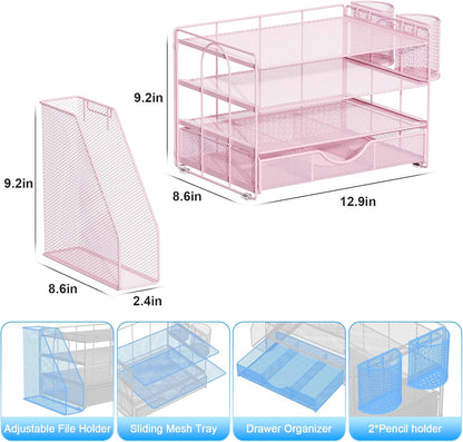 gianotter Desk Organizers and Accessories with File Holder, 4-Tier Desk Accessories & Workspace Organizers with Drawer and 2 Pen Holder, Paper Organizer for Office Supplies (Rose Gold)