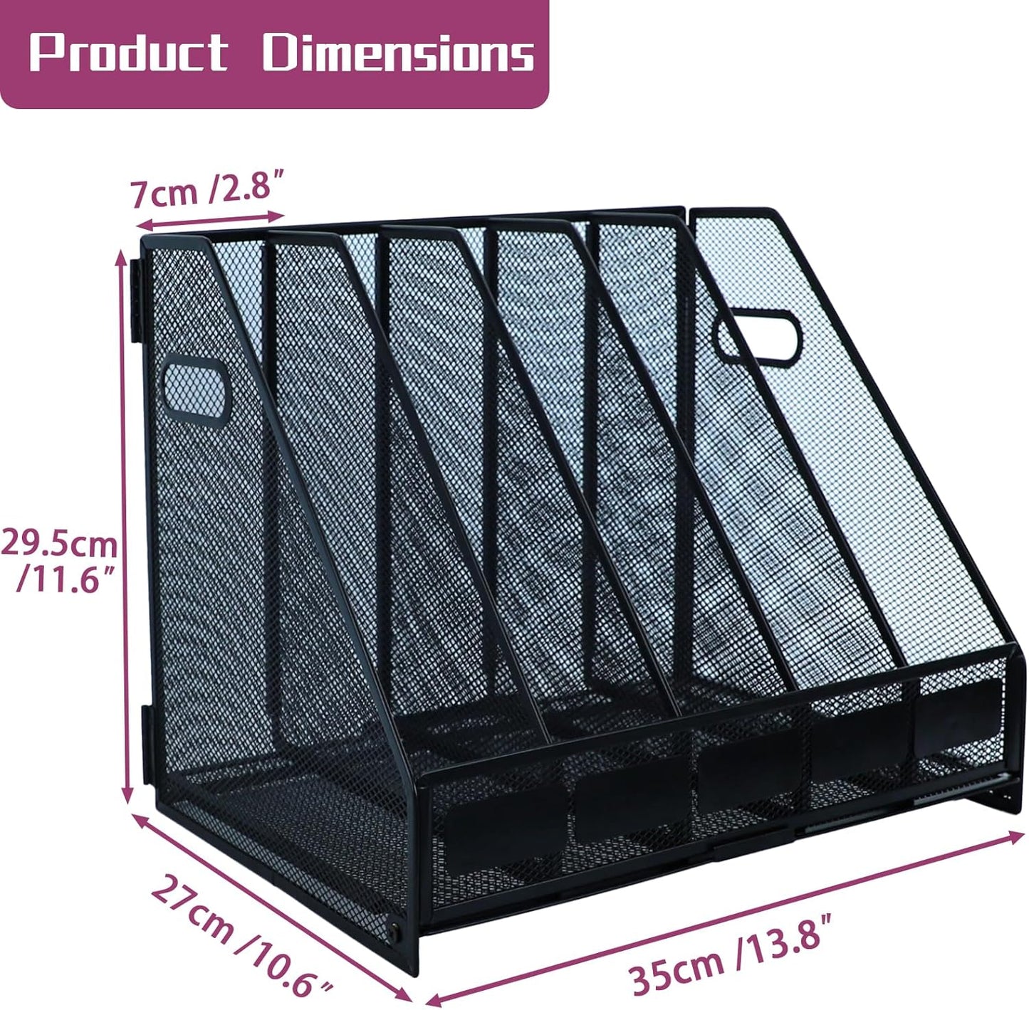 Desk Organizers, Metal Magazine File Holder with 5 Vertical Compartments Rack Binder File Organizer for Office Supplies, Home Workspace - Black