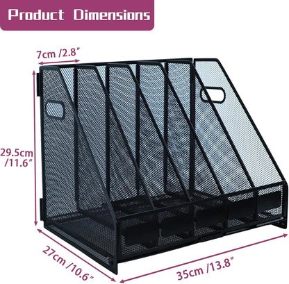 Desk Organizers, Metal Magazine File Holder with 5 Vertical Compartments Rack Binder File Organizer for Office Supplies, Home Workspace - Black