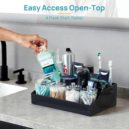 Vtopmart 6 PCS Bathroom Countertop Organizer, 1 Divided Tray with 4 Qtip Holder Jars and 1 Drawers, Restroom Clear Organizers for Toothbrush, Cotton Pads, Vanity Accessories Storage Set